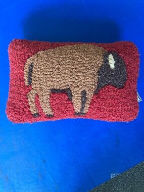 Hooked Wool Buffalo Accent Pillow - Red & Brown